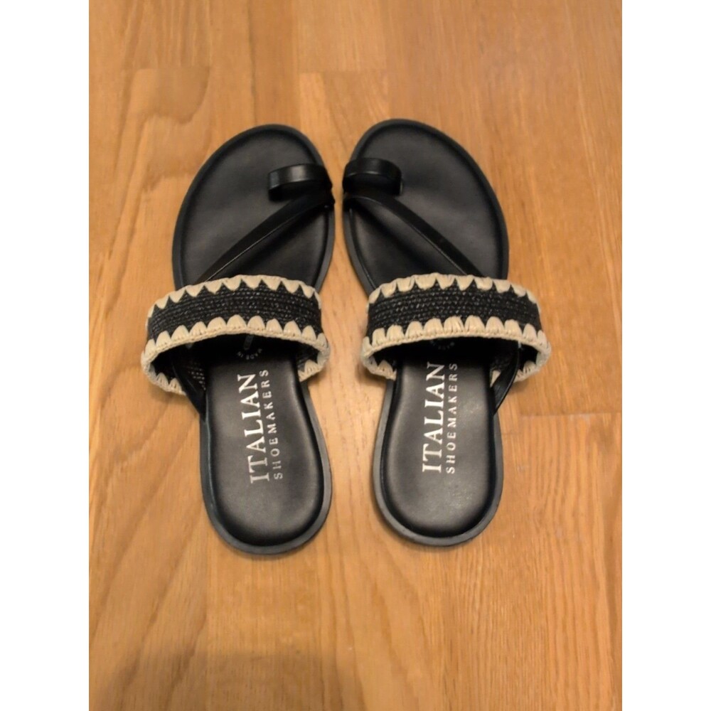 Italian Shoemakers Claim Thong Sandals Women's Black Woven Raffia Slip On - 6.5